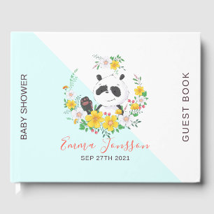 Livro De Visitas Bebê bonito Panda, coroa floral colorida