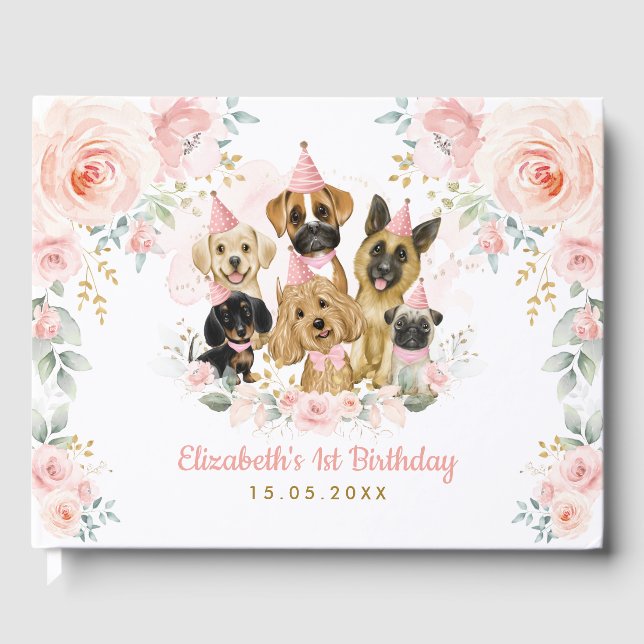 Livro De Visitas Bebê Pet Dogs Dourados Rosa Blush Aniversário (Frente)