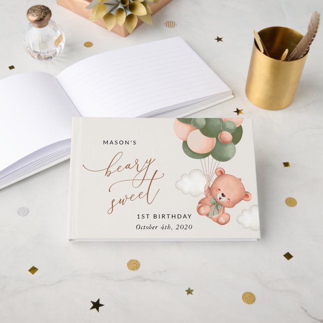 Livro De Visitas Bebê Urso, Balões Verdes, Primeiro Aniversário (Frente aberta)