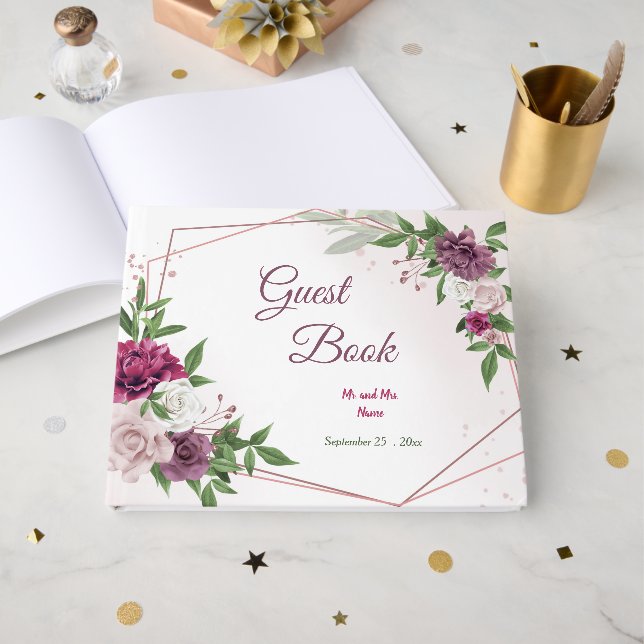 Livro De Visitas belas flores cor-de-rosa burgunve geométricas (Frente aberta)