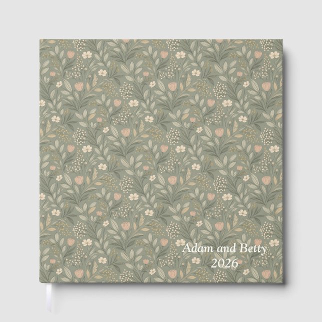 Livro De Visitas Belas Flores em Tons Terrosos Verde Sage (Frente)