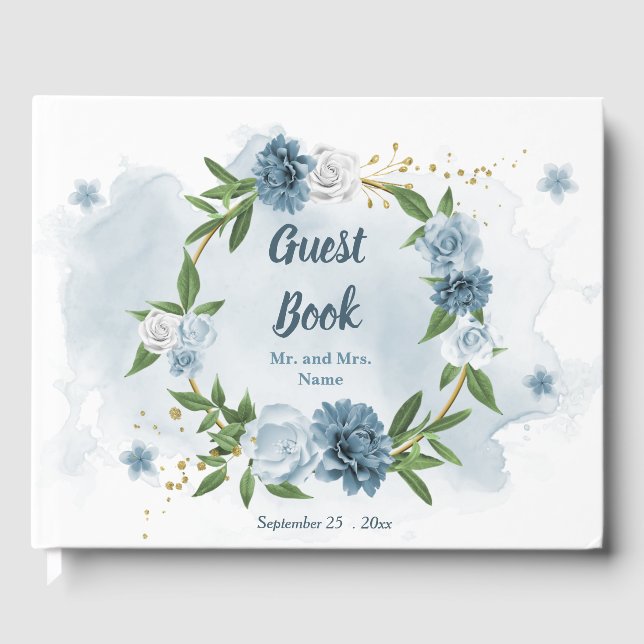 Livro De Visitas belas sombras azuis flores verdes coroa (Frente)