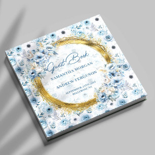 Livro De Visitas Belo Casamento Dourado de Flores Azuis Luz