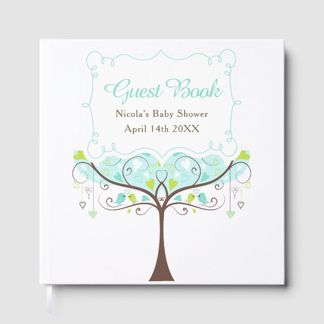 Livro De Visitas Birds Hearts Tree Blue and Green Baby Shower (Frente)