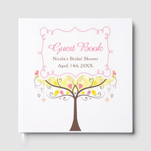Livro De Visitas Birds Hearts Tree Yellow and Coral Bridal Shower (Frente)