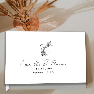 Livro De Visitas Black and White Flora Monogram Calligraphy Wedding