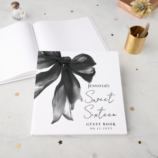 Livro De Visitas Black Bow Coquette Script Sweet 16 Party (Frente aberta)