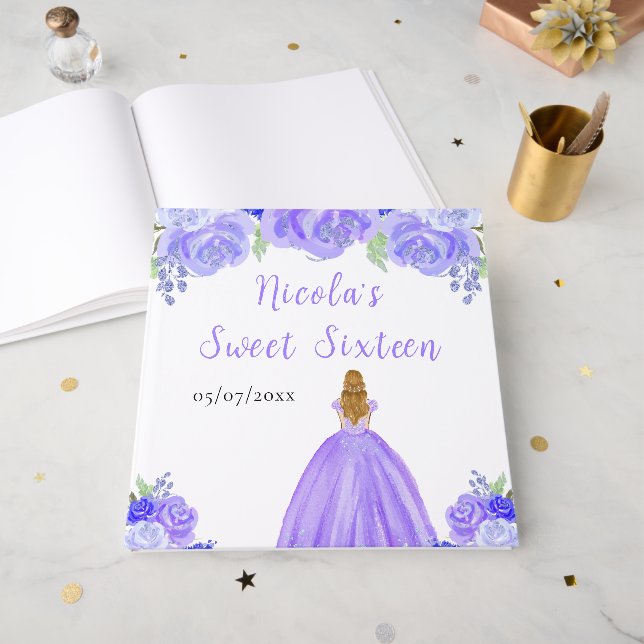 Livro De Visitas Blonde Hair Princess Purple Sweet 16 Guest Book (Frente aberta)