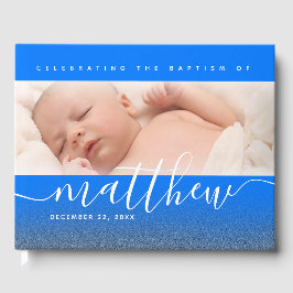 Livro De Visitas Blue Baby Photo Baptism Christening Cross Glitter