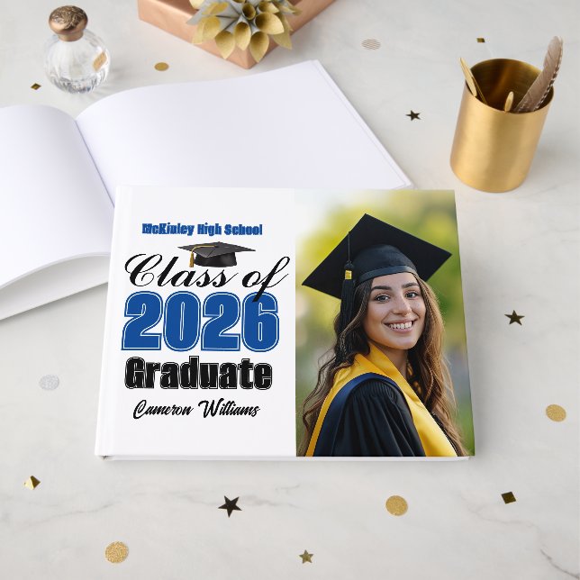 Livro De Visitas Blue Class of 2026 Graduation Photo (Frente aberta)