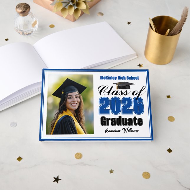 Livro De Visitas Blue Class of 2026 Photo Small Graduation (Frente aberta)