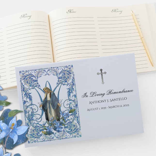 Livro De Visitas Blue Floral Virgem Maria Memorial Funeral (Criador carregado)
