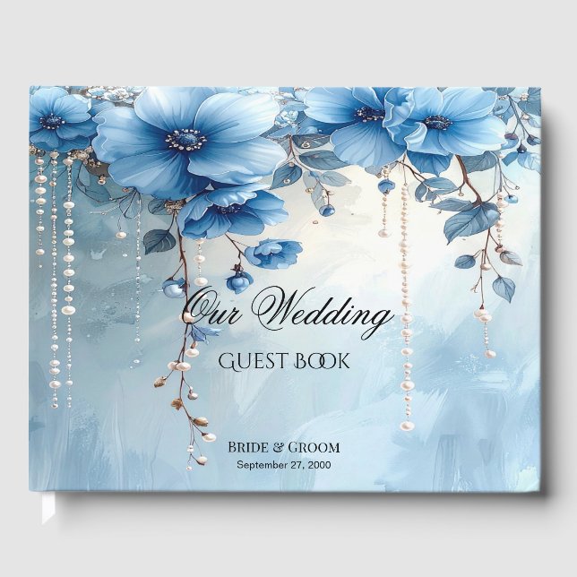 Livro De Visitas Blue Flowers and Pearls Guest Book (Frente)