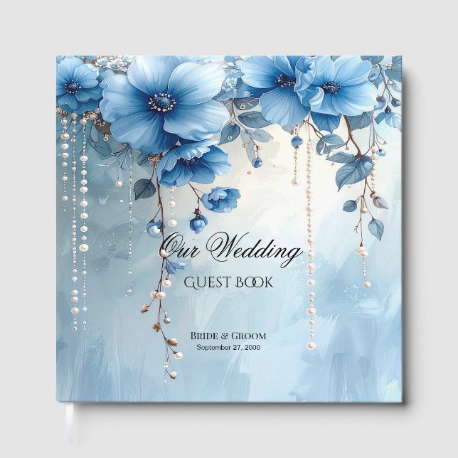 Livro De Visitas Blue Flowers and Pearls Guest Book (Frente)