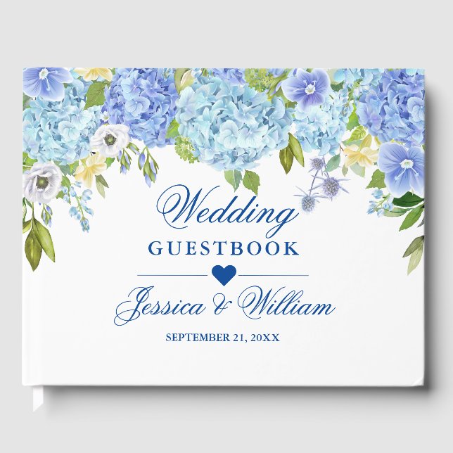 Livro De Visitas Blue Hydrangea Floral Greenery Casamento (Frente)