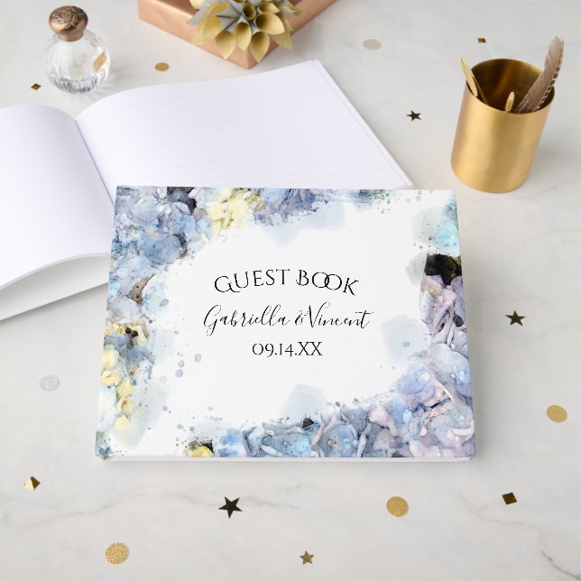 Livro De Visitas Blue Hydrangea Flowers Watercolor Casamento (Frente aberta)