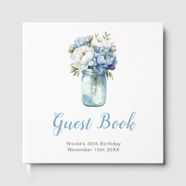 Livro De Visitas Blue Peonies Mason Jar Birthday Party (Frente)