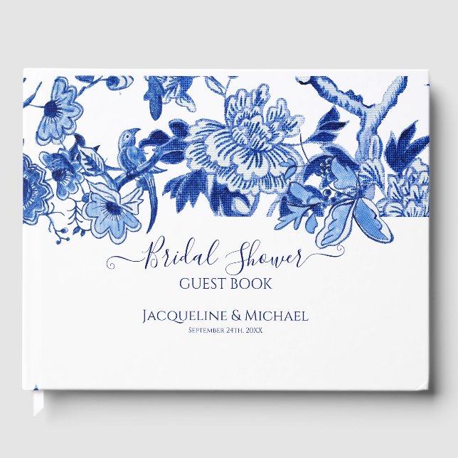 Livro De Visitas Blue White Birds Floral n Foliage Chá de panela (Frente)