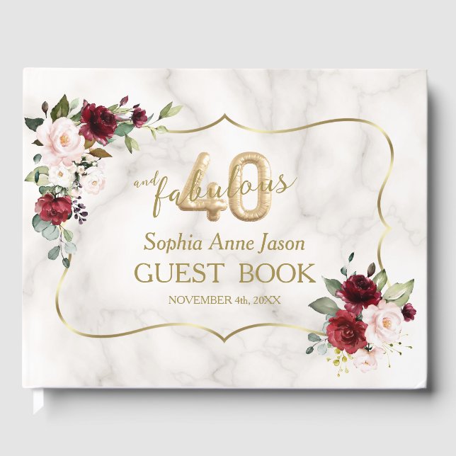 Livro De Visitas Blush Burgundy Floral Dourado 40 e aniversário fab (Frente)