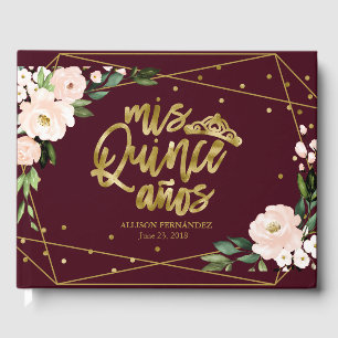 Livro De Visitas Blush Burgundy Floral Quinceanera com Folha de Our