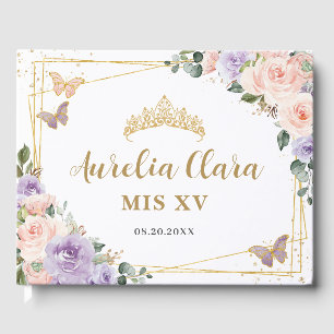 Livro De Visitas Blush Purple Lilly Floral Butterflies QUINCEAÑERA