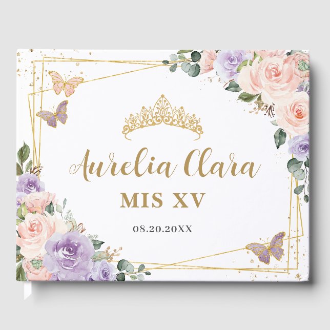 Livro De Visitas Blush Purple Lilly Floral Butterflies QUINCEAÑERA (Frente)
