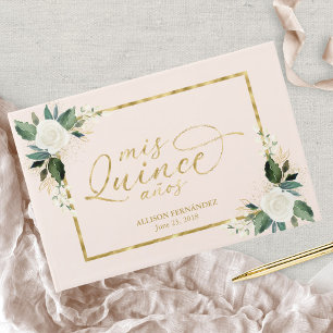 Livro De Visitas Blush Rosa & Dourado Folheado Floral Quinceañera