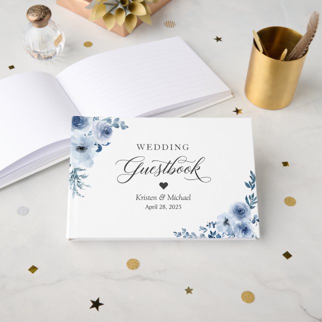 Livro De Visitas Bohemian Dusty Blue Floral Casamento (Frente aberta)