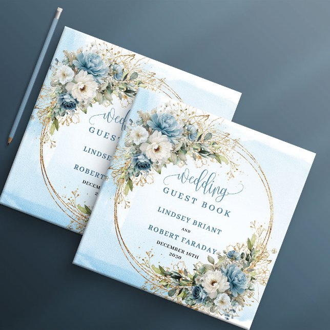 Livro De Visitas Bohemian Pastel Blue Floral Gold Glitter Wedding (Bohemian Pastel Blue Floral Gold Glitter guest book)