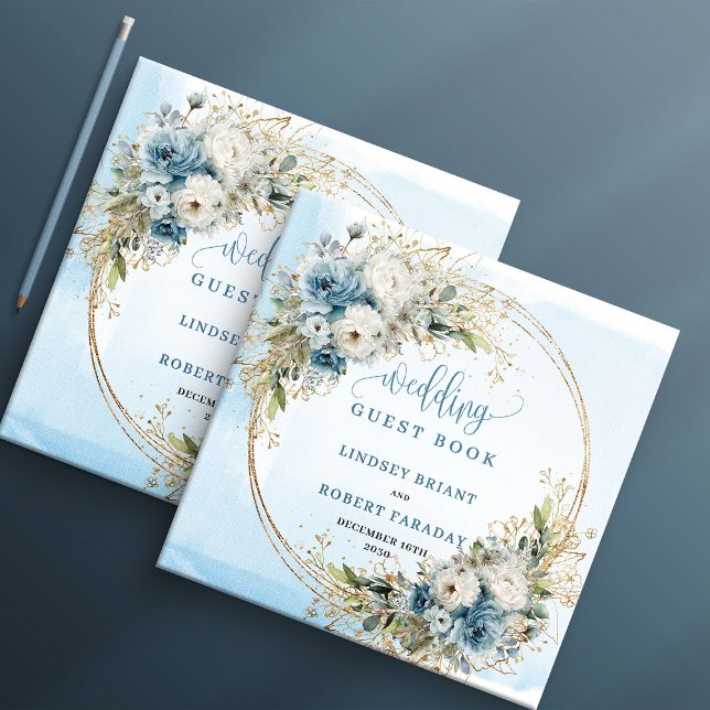 Livro de Visitas Boho Azul Pastel Flores Dourado (Boho Pastel Blue Flowers Gold Guest Book)