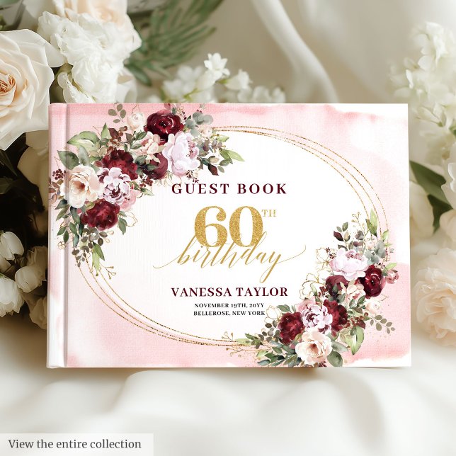 Livro De Visitas Boho Blush Burgundy Gold Roses 60th Birthday (Boho Blush Burgundy Gold Roses 60th Birthday)