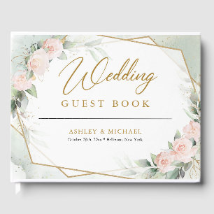 Livro De Visitas Boho Blush floresce rosa verde e casamento dourado