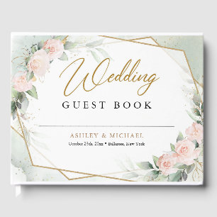 Livro De Visitas Boho Blush floresce rosa verde e casamento dourado