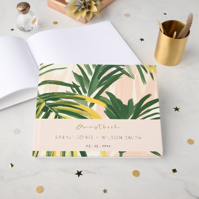 Livro De Visitas Boho Blush Green Palm Beach Casamento (Frente aberta)
