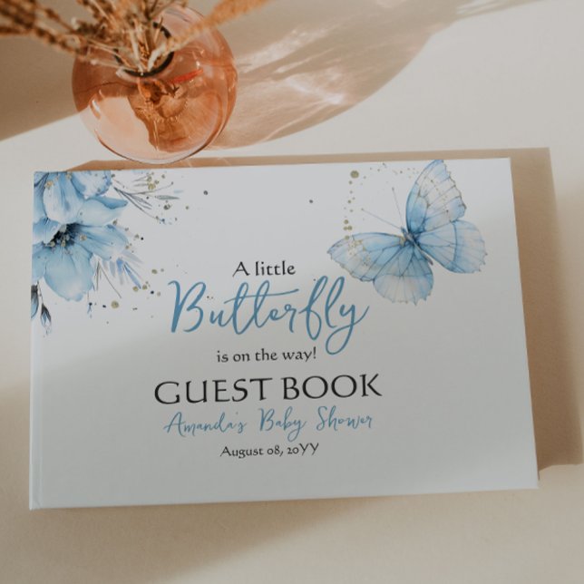 Livro De Visitas Boho Butterfly Wildflower Floral Blue Baby Shower (Criador carregado)