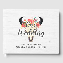 Livro De Visitas Boho Chic Cow Skull Floral Rustic Casamento Monogr