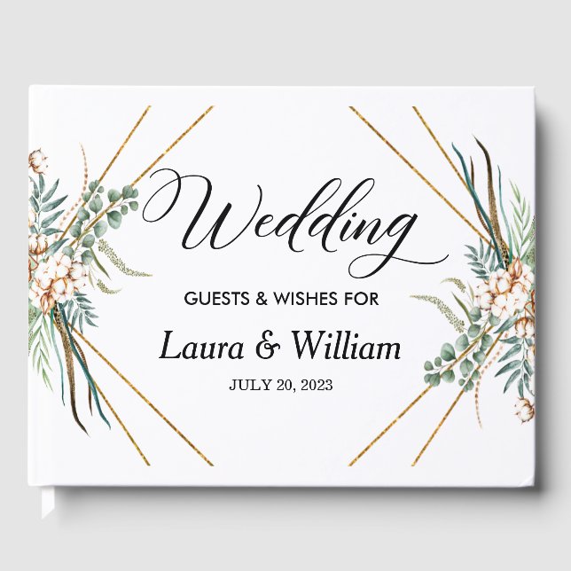 Livro De Visitas Boho Cotton Greenery Glitter Script Casamento (Frente)
