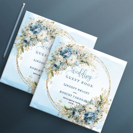 Livro De Visitas Boho Dusty Blue Floral Greenery Glitter Guest Book