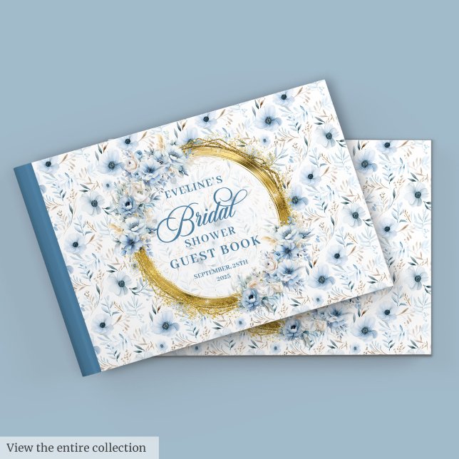 Livro De Visitas Boho Dusty Blue Sage Chá de panela Floral Dourado (Boho Dusty Blue Sage Gold Floral Bridal Shower Guest Book)