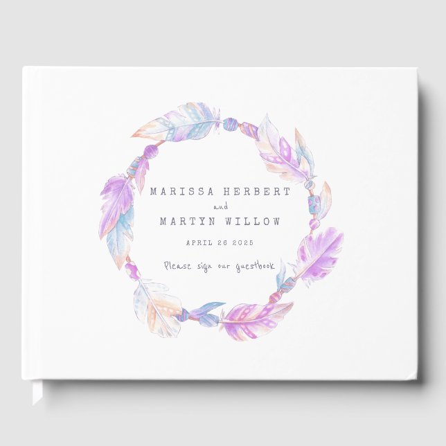 Livro De Visitas Boho feather aquarela púrpura guia de casamento (Frente)