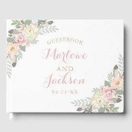 Livro De Visitas Boho Floral Pena Branca Monograma Casamento