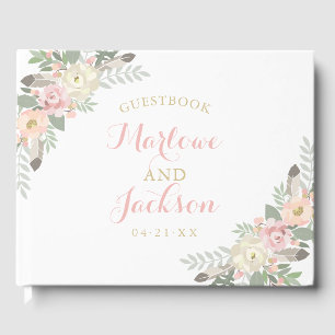 Livro De Visitas Boho Floral Pena Branca Monograma Casamento