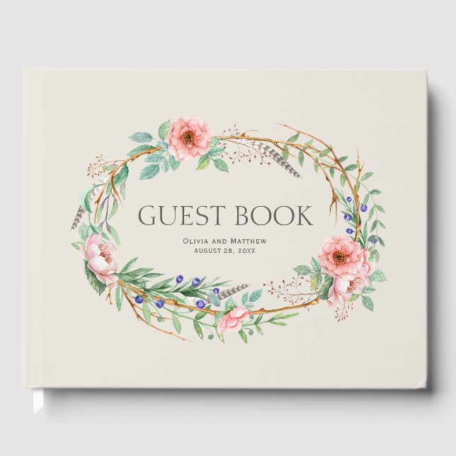 Livro De Visitas Boho Floral Wreath com seu texto personalizado (Frente)