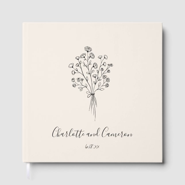 Livro De Visitas Boho Flower Line Art Drawing Custom Ivory Wedding  (Frente)