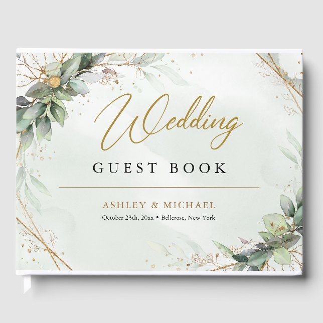 Livro De Visitas Boho greenery eucalyptus foliage gold casamento (Frente)