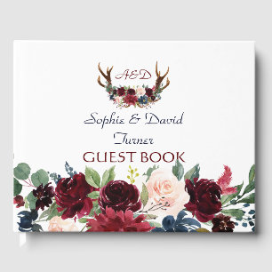 Livro De Visitas Boho Merlot Marinho Blue Floral Antlers Casamento