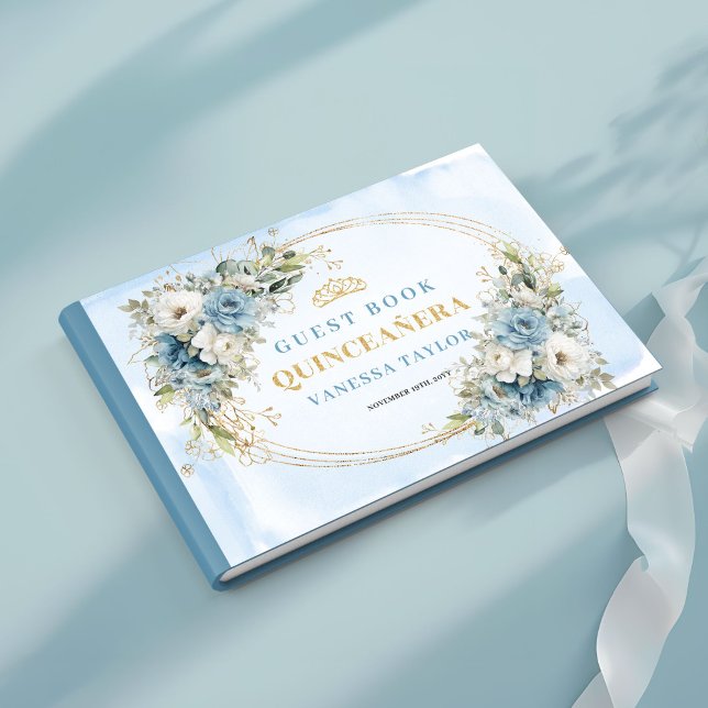 Livro de Visitas Boho Mis Quince com Verde Folhage (Mis Quince Boho Guest Book with Blue Gold Greenery)