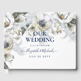 Livro De Visitas Boho Navy Floral Branco Grama de Pampas Casamento