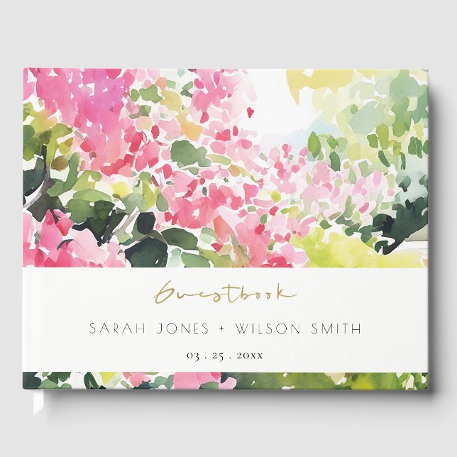 Livro De Visitas Boho Pink Green Tropical Bougainvillea Weding (Frente)