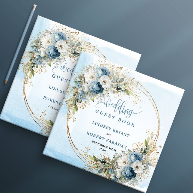 Livro de Visitas Boho Poeira Azul Flores Verde Dou (Boho Dusty Blue Flowers Greenery Gold Guest Book)